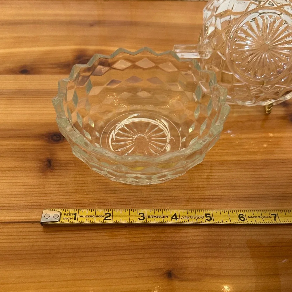 Vintage Pressed Glass Fostoria Cubist Design Nappy Bowl Set Diamond Point MCM